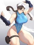  1girl abs anagumasan armpit_crease beret biceps blue_leotard bracelet braid breasts brown_eyes brown_hair cammy_white cammy_white_(cosplay) chest_harness chun-li cosplay covered_abs covered_navel curvy earrings fingerless_gloves gloves hair_between_eyes harness hat highleg highleg_leotard highres holster jewelry large_breasts leotard long_hair muscular muscular_female smile solo spiked_bracelet spikes street_fighter taut_leotard thick_thighs thigh_holster thigh_strap thighs twin_braids white_headwear 
