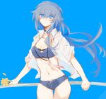  1girl an_dong bangs bikini bikini_under_clothes blue_background blue_bikini blue_choker blue_eyes breasts choker cleavage closed_mouth collarbone collared_shirt commentary_request dress_shirt flower fu_hua grey_hair hair_between_eyes highres holding holding_flower honkai_(series) honkai_impact_3rd long_hair looking_at_viewer navel open_clothes open_shirt shirt simple_background small_breasts smile solo swimsuit very_long_hair white_shirt yellow_flower 