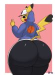 anthro big_butt black_sclera bottomwear butt clothing dipstick_ears dipstick_tail female generation_1_pokemon hat headgear headwear hi_res hoodie huge_butt ll-ss looking_at_viewer looking_back markings multicolored_ears nintendo pants pikachu pokemon pokemon_(species) smile solo tail tail_markings thick_thighs topwear white_eyes wide_hips yellow_body 