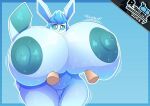  anthro big_breasts blue_body breasts butt canid canine disembodied_hand eeveelution female female_focus fox generation_4_pokemon genitals glaceon hi_res huge_breasts mammal nintendo nipples nude pokemon pokemon_(species) pussy simple_background smile solo_focus tail thiccbuns 
