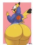  anthro big_butt black_sclera bottomless butt clothed clothing dipstick_ears dipstick_tail female generation_1_pokemon hat headgear headwear hi_res hoodie huge_butt ll-ss looking_at_viewer looking_back markings multicolored_ears nintendo pikachu pokemon pokemon_(species) smile solo tail tail_markings thick_thighs topwear white_eyes wide_hips yellow_body 