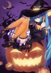  1girl aqua_eyes aqua_hair bat_(animal) black_gloves commentary_request crescent_moon dress elbow_gloves full_body gloves halloween hat hatsune_miku high_heels highres jack-o&#039;-lantern long_hair looking_at_viewer moon night orange_thighhighs solo tenmoon thighhighs tree twintails very_long_hair vocaloid witch_hat 