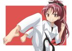  1girl bangs barefoot dougi feet highres karate long_hair looking_at_viewer mahou_shoujo_madoka_magica red_hair riokasen sakura_kyouko solo toenails toes 