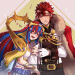  1girl alear_(female)_(fire_emblem) alear_(fire_emblem) bangs blue_hair breasts cape couple crossed_bangs diamant_(fire_emblem) fire_emblem fire_emblem_engage fur_trim gzei highres hug husband_and_wife long_hair medium_breasts multicolored_hair official_alternate_costume red_eyes red_hair short_hair smile split-color_hair spoilers tiara two-tone_hair very_long_hair 