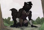  anthro bottomwear canid canine canis clothing forest forest_background gnoll hybrid hyena jewelry kneeling loincloth male mammal nature nature_background navel necklace outside pecs plant ryukaj solo teeth tree tribal tribal_clothing umpherio wolf 