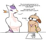  anthro breasts dialogue drawing duo eyes_closed featureless_breasts female generation_2_pokemon generation_5_pokemon gonda happy hi_res looking_at_another male mienshao nintendo pencil_(object) pokemon pokemon_(species) simple_background smeargle smile spanish_text text translated white_background 