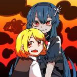  2girls bangs bianca_(black_survival) black_dress black_hairband black_survival black_vest blonde_hair blue_hair blush closed_mouth commentary_request cross-shaped_pupils cross_hair_ornament crossover dress fang fang_out flat_chest frilled_sleeves frills gothic_lolita hair_between_eyes hair_ornament hair_ribbon hairband highres kurodani_yamame lolita_fashion looking_at_viewer multiple_girls open_mouth orange_background red_eyes red_ribbon ribbon rinyamame rumia sharp_teeth shirt short_hair smile symbol-shaped_pupils teeth touhou upper_body vest white_shirt 
