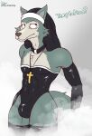  absurd_res anthro armwear beastars bulge canid canine canis chest_tuft clothed clothing collar cross cross_necklace fluffy fluffy_tail fur gloves grey_body grey_fur handwear hi_res jewelry latex latex_clothing latex_gloves latex_legwear latex_thigh_highs legoshi_(beastars) looking_away male mammal muscular muscular_male necklace nun_outfit nun_veil pony_dreaming slim smoke solo standing steam tail tight_clothing tuft wolf 