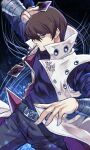  1boy belt blue_eyes brown_hair card coat highres holding holding_card kaiba_seto long_sleeves looking_at_viewer male_focus open_clothes open_coat pants shirt short_hair sleeveless_coat solo tomaton_(t_0) white_coat yu-gi-oh! yu-gi-oh!_duel_monsters 
