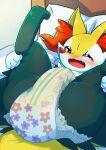  ambiguous_gender anthro bed black_body black_fur blush bodily_fluids braixen crying diaper embarrassed fangs fur furniture generation_6_pokemon genital_fluids hi_res holding_leg legs_up looking_at_viewer lying lying_on_bed multicolored_body multicolored_fur nintendo omorashi on_bed one_eye_closed open_mouth pillow pokemon pokemon_(species) pull-ups_(diaper) red_eyes solo spread_legs spreading tail tears teeth urine wadorigi wet_diaper wetting wetting_diaper yellow_body yellow_fur 