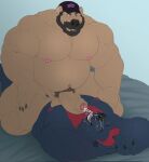  2022 anthro arms_above_head balls bear beard belly big_belly big_muscles big_pecs big_penis blush bodily_fluids body_hair chest_hair clothing cum cum_on_face cumshot duo ejaculation erection eye_contact eyes_closed facial_hair genital_fluids genitals hands-free headgear headwear hi_res hot_dogging huge_muscles hyper hyper_muscles kneeling krosbar_(character) looking_at_another lying male male/male male_on_bottom male_on_top mammal mature_male musclegut muscular nipples nude on_back on_bottom on_top open_mouth pecjob pecs penis pubes scruffy_(character) sex spread_legs spreading taighet_28 vein veiny_penis 