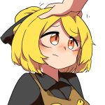  1girl 1other bangs black_bow black_shirt blonde_hair blush bow brown_dress brown_eyes closed_mouth collared_shirt commentary_request dress extra_eyes frown hair_bow hair_bun headpat highres kurodani_yamame pinafore_dress rinyamame shirt short_hair simple_background solo_focus touhou upper_body white_background 