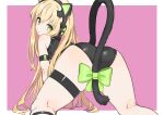  1girl 4410_(kanimiso) all_fours animal_ear_headphones animal_ears ass black_leotard blonde_hair bow cat_ear_headphones cat_ears cat_tail commentary_request fake_animal_ears fake_tail from_behind girls&#039;_frontline green_bow green_eyes headphones highres leotard long_hair looking_at_viewer looking_back pink_background simple_background solo tail tail_bow tail_ornament thigh_strap tmp_(girls&#039;_frontline) 