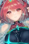  1girl bangs black_leotard blush breasts covered_collarbone hair_between_eyes hands_up headpiece highres kyosuke1413koba leotard looking_at_viewer medium_breasts parted_lips partially_submerged pyra_(xenoblade) red_eyes red_hair smile solo upper_body water xenoblade_chronicles_(series) xenoblade_chronicles_2 