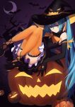  1girl absurdres aqua_eyes aqua_hair bat_(animal) black_gloves commentary_request crescent_moon dress elbow_gloves full_body gloves halloween hat hatsune_miku high_heels highres jack-o&#039;-lantern long_hair looking_at_viewer moon night orange_thighhighs solo tenmoon thighhighs tree twintails very_long_hair vocaloid witch_hat 