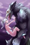  absurd_res anthro beowolf_(rwby) big_breasts black_body black_fur bodily_fluids breasts duo female fur genital_fluids hair hi_res human imminent_rape long_hair looking_at_another male male/female mammal mask multicolored_body multicolored_fur nipples nude open_mouth otocai ponytail precum pushing_away scared sharp_teeth size_difference skull_mask teeth tongue tongue_out white_body white_fur white_hair yellow_eyes 
