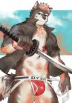  1boy abs animal_ears bandaged_tail bara black_shirt blue_sky bright_pupils bulge cowboy_shot facial_hair fang fang_out furry furry_male goatee gradient_hair highres holding holding_sword holding_weapon jockstrap katana large_hands large_pectorals laserbiubiu looking_at_viewer male_focus male_underwear multicolored_hair muscular muscular_male navel nipples no_pants open_clothes open_shirt original pectoral_cleavage pectorals pink_hair red_male_underwear scar scar_on_chest shirt short_hair sky solo stomach sword tail thick_eyebrows thick_thighs thighs underwear weapon wolf_ears wolf_tail 