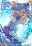  1girl arms_up ascot blue_dress blue_eyes blue_hair blurry blurry_foreground closed_mouth commentary_request cowboy_shot cure_fontaine depth_of_field dress dutch_angle earrings gloves hair_ornament healin&#039;_good_precure jewelry jj_(ssspulse) long_hair looking_at_viewer magical_girl partial_commentary precure puffy_short_sleeves puffy_sleeves sawaizumi_chiyu short_dress short_sleeves smile solo standing tiara water white_ascot white_gloves 