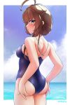  1girl adjusting_clothes adjusting_swimsuit ahoge alternate_costume arthur_ko ass back blue_eyes blue_one-piece_swimsuit blush border braid breasts brown_hair cloud cloudy_sky competition_school_swimsuit competition_swimsuit day hair_flaps hair_over_shoulder highres kantai_collection looking_at_viewer ocean one-piece_swimsuit open_mouth school_swimsuit shigure_(kancolle) shigure_kai_san_(kancolle) single_braid sky small_breasts swimsuit twitter_username water white_border 