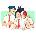  1girl 2boys black_hair blue_hair boku_no_hero_academia burn_scar collared_shirt commentary english_commentary glasses grey_eyes hair_between_eyes hand_on_another&#039;s_shoulder hand_on_another&#039;s_waist highres iida_tenya long_hair looking_at_another multicolored_hair multiple_boys necktie one_eye_closed open_mouth orange_eyes ponytail red_hair red_necktie scar scar_on_face school_uniform shirt short_hair short_sleeves simple_background smile split-color_hair thatmightyheart todoroki_shouto two-tone_hair u.a._school_uniform upper_body white_background white_hair white_shirt yaoyorozu_momo 