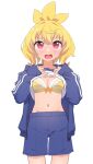  1girl bangs blonde_hair blue_jacket blue_shorts blush bow bow_bra bra breasts cleavage clothes_lift commentary_request copyright_request gym_shirt gym_shorts gym_uniform hair_between_eyes hands_up highres jacket lifted_by_self long_sleeves medium_breasts navel open_clothes open_jacket open_mouth owasaki polka_dot polka_dot_bra puffy_long_sleeves puffy_sleeves red_eyes shirt shirt_lift shorts simple_background sleeves_past_wrists solo standing teeth track_jacket underwear upper_teeth_only white_background white_shirt yellow_bra 