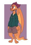  2022 2_horns alternate_species anthro barefoot biped border bottomwear chico_(fuel) clothed clothing digitigrade dipstick_tail dragon facial_markings feet fuel_(artist) head_markings hi_res hoodie horn male markings membrane_(anatomy) membranous_wings orange_body orange_scales purple_background scales scalie shorts simple_background tail tail_markings topwear white_border wings 