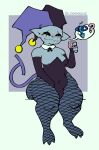  bulge clothing condom deltarune fishnet fishnet_legwear gender_symbol gender_symbol_penetration humanoid imp jester jevil_(deltarune) legwear leidomirage male male_symbol sexual_barrier_device slightly_chubby smile solo symbol undertale_(series) 