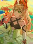  1girl artist_name bangs bare_shoulders blonde_hair breasts bug butterfly butterfly_hair_ornament butterfly_on_hand celine_(fire_emblem) chocojax crown detached_sleeves dress fire_emblem fire_emblem_engage green_dress hair_ornament highres long_hair patreon_logo small_breasts smile solo twitch_logo twitter_logo upper_body very_long_hair 