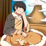  1boy akita_inu black_hair black_jacket black_survival blue_eyes blue_sky cloud commentary_request dog grin hand_in_own_hair haori highres jacket japanese_clothes kimono kurodani_yamame looking_afar looking_outside male_focus rinyamame short_hair sky smile solo touhou yellow_kimono yuki_(black_survival) 