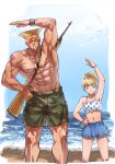  1boy 1girl :o abs armpits bara beach blonde_hair camouflage camouflage_shorts character_request dog_tags feet_out_of_frame guile gun gun_on_back highres large_pectorals lifeguard muscular muscular_male navel pectorals short_hair shorts street_fighter stretching weapon weapon_on_back whistle yuiofire 