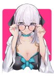  1girl absurdres adjusting_eyewear bangs black_ribbon black_shirt blue_choker blue_eyes blush border breasts choker cleavage collarbone commentary_request fate/grand_order fate_(series) glasses grey_hair hair_between_eyes hair_ribbon hands_up highres jacket large_breasts long_bangs long_hair looking_at_viewer morgan_le_fay_(fate) open_clothes open_jacket pink_background ribbon shirt sidelocks smile solo straight-on upper_body ura_illust white_border white_jacket 