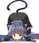  1girl :&lt; absurdres animal_ears animal_hands black_gloves black_hair black_skirt black_thighhighs blush cat_ears cat_girl cat_tail commentary_request frilled_skirt frills gloves highres idolmaster idolmaster_cinderella_girls idolmaster_cinderella_girls_starlight_stage kemonomimi_mode long_hair long_sleeves looking_at_viewer motion_lines neck_ribbon no_shoes parted_lips paw_gloves red_eyes red_ribbon ribbon sajo_yukimi shadow shirt simple_background skirt sleeves_past_wrists solo tail thighhighs top-down_bottom-up triangle_mouth umberblack very_long_hair white_background white_shirt 