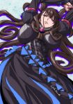  1girl arms_up bangs black_dress breasts cone_hair_bun dress fate/grand_order fate_(series) gem hair_bun hair_ornament highres juliet_sleeves large_breasts long_hair long_sleeves looking_at_viewer lying murasaki_shikibu_(fate) on_back open_mouth puff_and_slash_sleeves puffy_sleeves purple_eyes purple_gemstone purple_hair smile solo two_side_up very_long_hair wide_sleeves yuukami_(wittsu) 