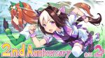  2girls animal_ears aqua_eyes black_gloves brown_hair copyright_name copyright_request countdown cygames ear_bow ear_covers ear_ornament ear_ribbon gloves horse_ears horse_girl horse_tail long_hair multiple_girls official_art orange_hair puffy_sleeves purple_eyes running short_hair silence_suzuka_(umamusume) special_week_(umamusume) tail umamusume 