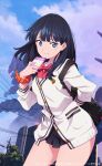  1girl arm_behind_back bangs black_hair blue_eyes cardigan closed_mouth commentary_request gridman_universe highres holding holding_phone long_hair looking_at_viewer official_art orange_scrunchie phone sakamoto_masaru school_uniform scrunchie second-party_source skirt smile solo ssss.gridman standing takarada_rikka thick_thighs thighs wrist_scrunchie 