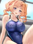  1girl black_one-piece_swimsuit blonde_hair blue_eyes blue_one-piece_swimsuit breasts collarbone competition_swimsuit covered_navel dated day drill_hair highleg highleg_swimsuit highres honolulu_(kancolle) impossible_clothes impossible_swimsuit indoors kantai_collection large_breasts long_hair looking_at_viewer montemasa multicolored_clothes multicolored_swimsuit one-piece_swimsuit open_mouth rei_no_pool solo swimsuit twin_drills twintails twitter_username two-tone_swimsuit wet wet_clothes wet_swimsuit window 