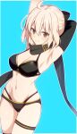  1girl ahoge armpits arms_up bangs bikini black_bikini black_bow black_gloves black_scarf blonde_hair blue_background blush border bow breasts brown_eyes cleavage closed_mouth commentary_request cowboy_shot elbow_gloves fate/grand_order fate_(series) gloves hair_bow highres kurakuru large_breasts looking_at_viewer navel official_alternate_costume okita_j._souji_(fate) okita_j._souji_(first_ascension)_(fate) okita_souji_(fate) scarf short_hair simple_background single_glove smile solo standing swimsuit white_border 