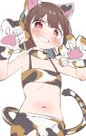  1girl animal_ear_fluff animal_ears animal_hands animal_print bangs bare_arms bare_shoulders blue_hair blush brown_hair cat_day cat_ears cat_print cat_tail claws collarbone commentary flat_chest gloves grin highres hozuki_momiji looking_at_viewer many_ankles002 midriff multicolored_hair navel onii-chan_wa_oshimai! paw_gloves paw_pose red_eyes short_hair short_ponytail simple_background smile solo tail two-tone_hair white_background 