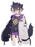  1boy :d aged_down animal_ears black_choker black_hair black_jacket blush choker coojisan cropped_legs fang grey_shirt hair_over_one_eye highres holostars hood hood_down hooded_jacket jackal_boy jackal_ears jackal_tail jacket kageyama_shien looking_at_viewer male_child male_focus multicolored_clothes multicolored_hair multicolored_jacket official_alternate_costume open_clothes open_jacket oversized_clothes print_shirt purple_shorts shirt short_hair short_shorts shorts simple_background skin_fang sleeves_past_fingers sleeves_past_wrists smile solo streaked_hair tail thigh_strap torn_clothes torn_shirt two-tone_hair two-tone_jacket virtual_youtuber white_background white_hair white_jacket yellow_eyes 