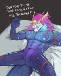  abs amiryth animal_genitalia anthro asian_mythology aurelion_sol_(lol) bdsm bed_sheet bedding blue_body blue_nipples bondage bound dialogue dragon east_asian_mythology eastern_dragon genital_slit genitals gold_(metal) hair hi_res league_of_legends looking_at_genitalia looking_at_penis lying male muscular mythology nipples on_back open_mouth pecs penis purple_hair riot_games rope scalie slit spread_legs spreading text 