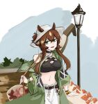  1girl :d animal_ears arknights black_choker black_shirt breasts brown_hair choker coat commentary crop_top ears_through_headwear fedora grape_(grayp) green_coat green_eyes hair_between_eyes hair_ornament hat horse_ears instrument lamppost large_breasts long_hair long_sleeves looking_at_viewer lute_(instrument) meteor_(arknights) meteor_(bard&#039;s_holiday)_(arknights) midriff navel official_alternate_costume open_clothes open_coat open_mouth pants shirt sidelocks smile solo star_(symbol) star_hair_ornament stomach white_headwear white_pants 