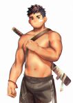  1boy bandages bandaid bandaid_on_cheek bandaid_on_face bara black_hair black_pants bracelet bulge cross_scar eyebrow_cut facial_hair feet_out_of_frame goatee highres jewelry laserbiubiu looking_at_viewer male_focus muscular muscular_male navel nipples original pants raised_eyebrow scar scar_on_arm short_hair sideburns solo stomach sword sword_on_back topless_male undercut weapon weapon_on_back 