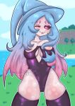  absurd_res blue_hair blush breasts demiangoat female generation_8_pokemon hair hand_on_breast hatterene hi_res humanoid looking_at_viewer nintendo one_eye_closed pokemon pokemon_(species) pokemorph purple_eyes solo white_body 