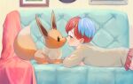  1girl affectionate alternate_costume blue_hair blush closed_mouth commentary_request couch eevee from_side grey_eyes highres indoors kyu_kei lying miniskirt noses_touching on_stomach penny_(pokemon) pleated_skirt pokemon pokemon_(creature) pokemon_(game) pokemon_sv red_hair red_skirt short_hair skirt smile sweater 