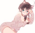  1girl ahoge animal_ears bangs blue_eyes blush braid breasts brown_hair brown_sweater cat_ears closed_mouth collarbone hair_between_eyes hair_flaps highres kantai_collection long_hair long_sleeves medium_breasts naoto_(tulip) shigure_(kancolle) shigure_kai_ni_(kancolle) simple_background single_braid solo sweater white_background 