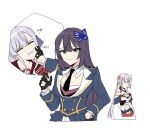  3girls ^^^ arms_at_sides assault_lily bangs bare_shoulders black_gloves blue_jacket blunt_bangs blush breasts brown_sailor_collar butterfly_hair_ornament cheek_pull clenched_teeth closed_eyes closed_mouth collared_shirt commentary_request criss-cross_halter cropped_torso danji_(danji_bang) detached_sleeves epaulettes faceless faceless_female flower flower_knot funada_kiito funada_ui gloves green_eyes grey_hair hair_between_eyes hair_flower hair_ornament hair_ribbon half_gloves halterneck hand_on_hip hand_up highres jacket japanese_clothes kanba_girls_high_school_uniform kimono kimono_skirt kon_kanaho korean_commentary korean_text long_hair long_sleeves looking_at_another medium_breasts motion_lines multiple_girls multiple_views parted_lips partially_fingerless_gloves pink_flower purple_hair purple_ribbon red_shirt ribbon sailor_collar school_uniform serafuku shirt siblings sidelocks simple_background sisters standing sweatdrop teeth translation_request turning_head very_long_hair white_background white_kimono white_shirt 