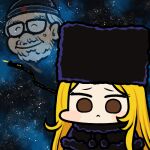  1boy 1girl :&lt; beanie beard blonde_hair brown_eyes chibi facial_hair fur_hat ginga_tetsudou_999 glasses ground_vehicle hat jazz_jack lowres maetel matsumoto_leiji_(mangaka) mustache scarf skull_and_crossbones sky smile space star_(sky) starry_sky train white_hair 