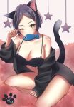  1girl animal_ears ayn_(ayn_kau) bangs bare_legs black_shirt breasts cat_ears cat_tail cleavage clothes_pull dated fur_bra hayami_kanade highres idolmaster idolmaster_cinderella_girls kneeling large_breasts long_sleeves looking_at_viewer mouth_hold nyan one_eye_closed open_clothes open_shirt parted_bangs paw_print shirt shirt_pull short_hair solo star_(symbol) tail 