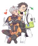  1boy 1girl animal_ear_fluff animal_ears animification apex_legends armor black_hair black_pants black_shirt blush bodysuit boots breastplate brown_eyes cat_ears cat_girl cat_tail cat_teaser commentary crypto_(apex_legends) green_eyes green_vest heart hetero highres holding indian_style jacket jetpack kemonomimi_mode looking_at_another looking_back nojima_minami open_mouth orange_bodysuit pants parted_hair sanpaku shirt short_hair sitting sitting_between_lap symbol-only_commentary tail undercut valkyrie_(apex_legends) vest white_background white_footwear white_jacket 
