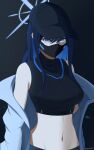  1girl absurdres bare_shoulders baseball_cap black_background black_headwear blue_archive blue_eyes blue_hair breasts coat commentary_request crop_top hair_between_eyes hat highres large_breasts long_hair looking_at_viewer mask midriff mouth_mask navel off_shoulder open_clothes open_coat saori_(blue_archive) shirt simple_background sleeveless sleeveless_shirt solo stomach upper_body white_coat zeralinz 